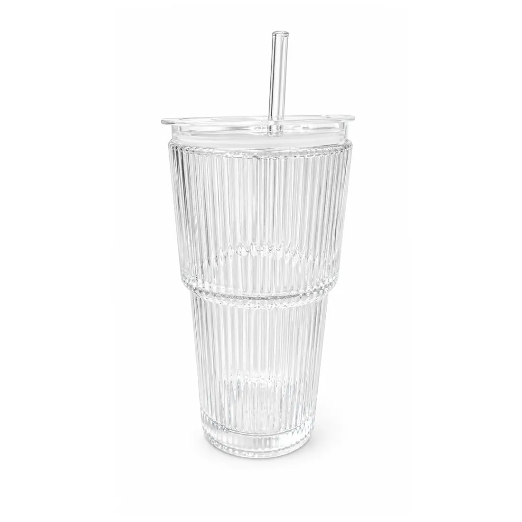 [6551825110565] Glass Tumbler with Lid and Straw
